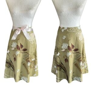 Anthropologie Odille Green Bird & Floral Print Bow Detail A-Line Midi Skirt - 10